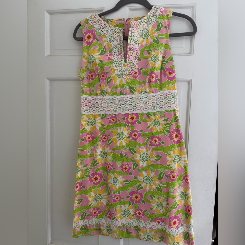 Lilly Pulitzer Pink and Green Floral Dress with White Lace